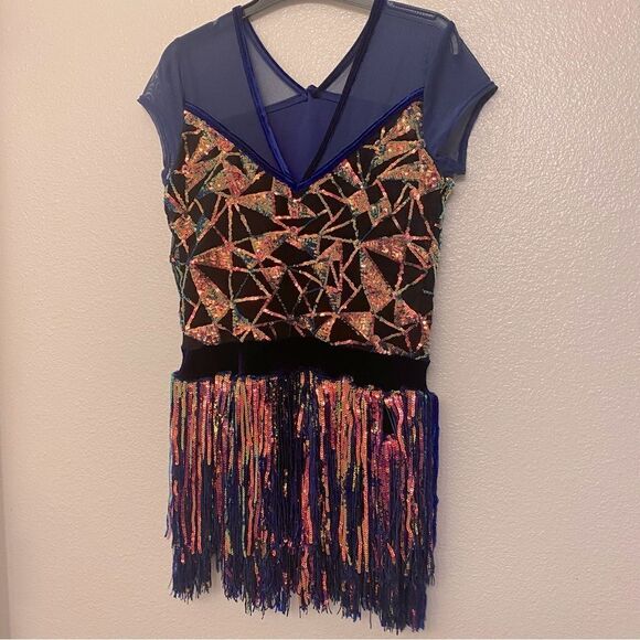 Weissman Dance costume blue sassy fringe sequin dress Misbehave 16291 Adult MA - Picture 3 of 10